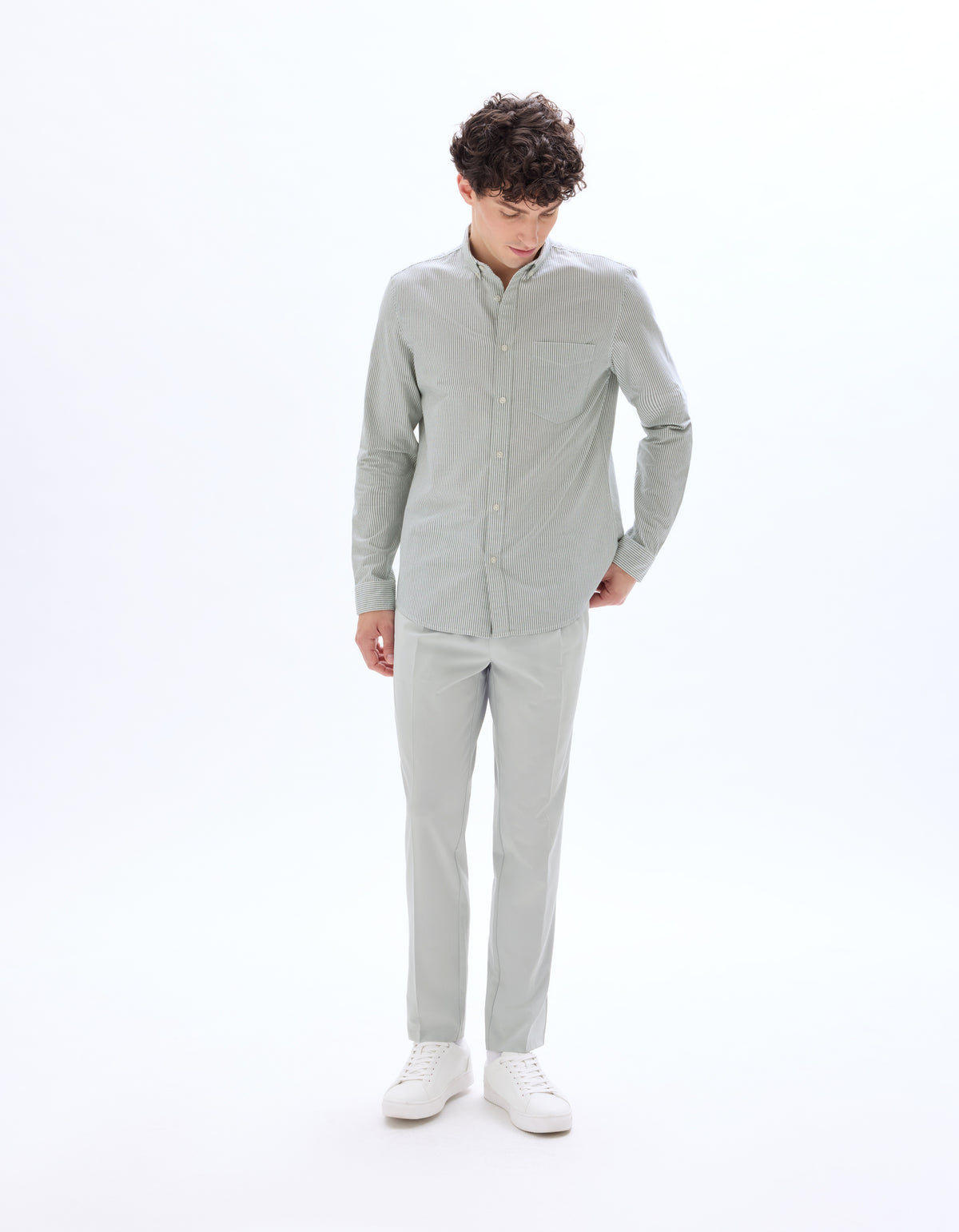 Regular Fit Cotton Striped Button Down Collar Shirt - Green