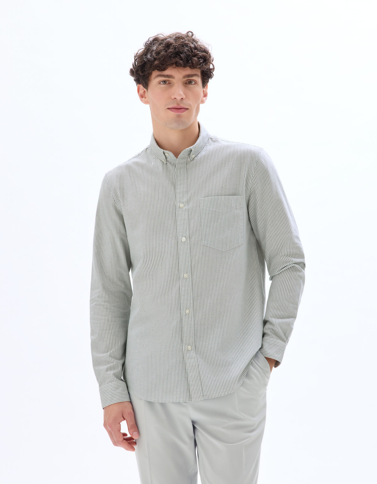 Regular Fit Cotton Striped Button Down Collar Shirt - Green
