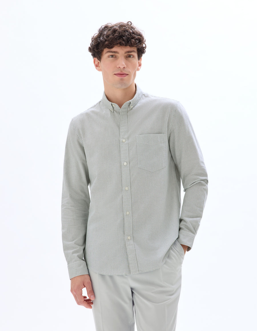 Regular Fit Cotton Striped Button Down Collar Shirt - Green
