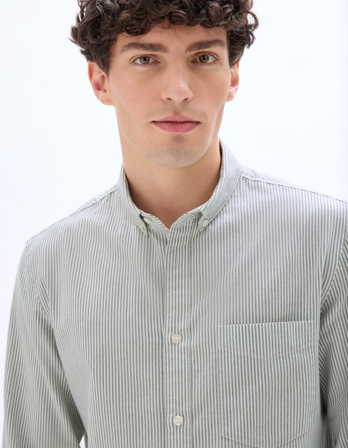 Regular Fit Cotton Striped Button Down Collar Shirt - Green