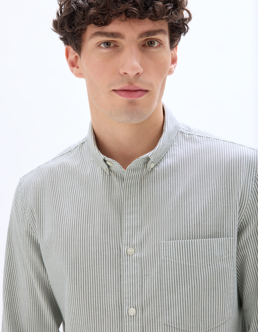 Regular Fit Cotton Striped Button Down Collar Shirt - Green