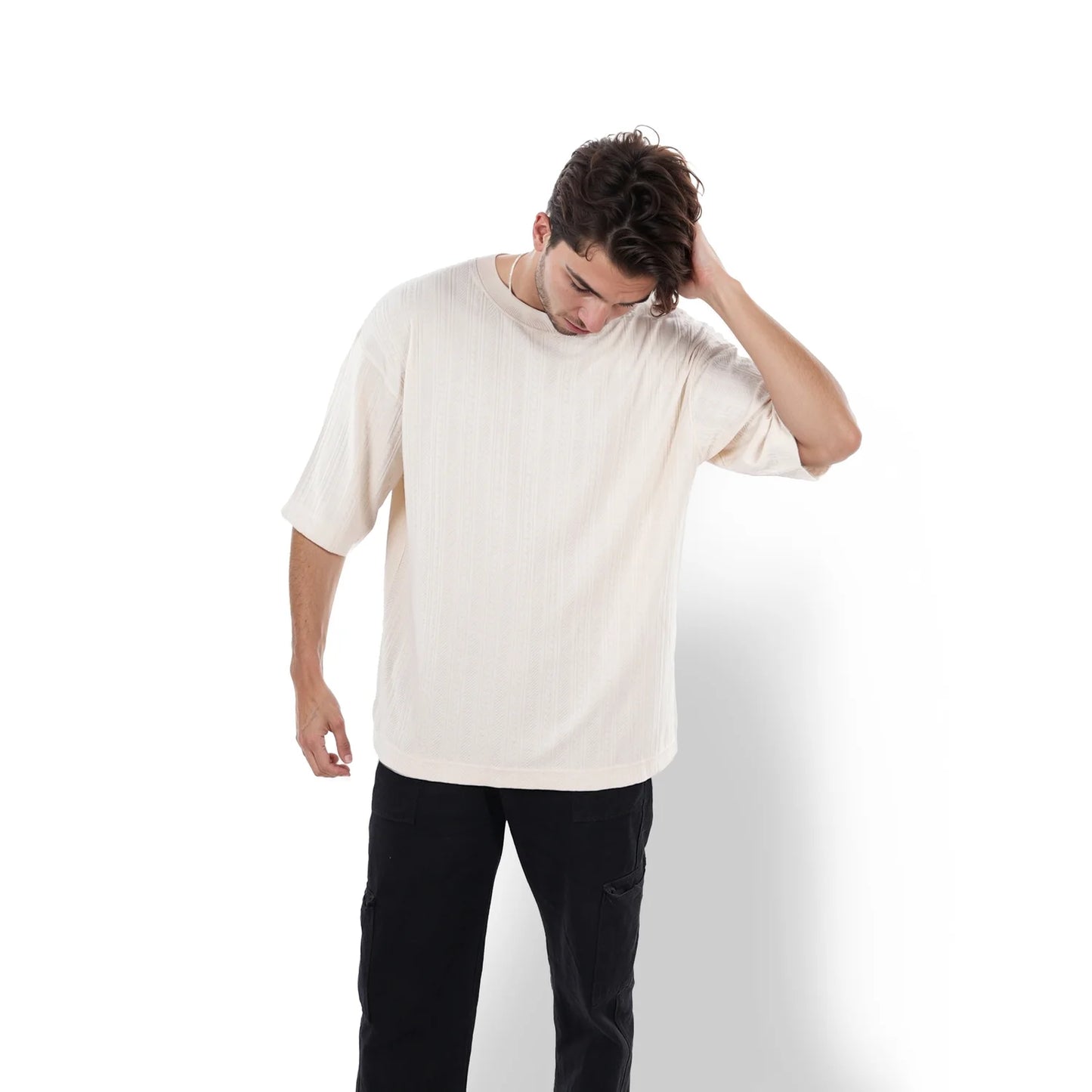 Celio* Striped Boxy Fit Cotton Off White T-Shirt