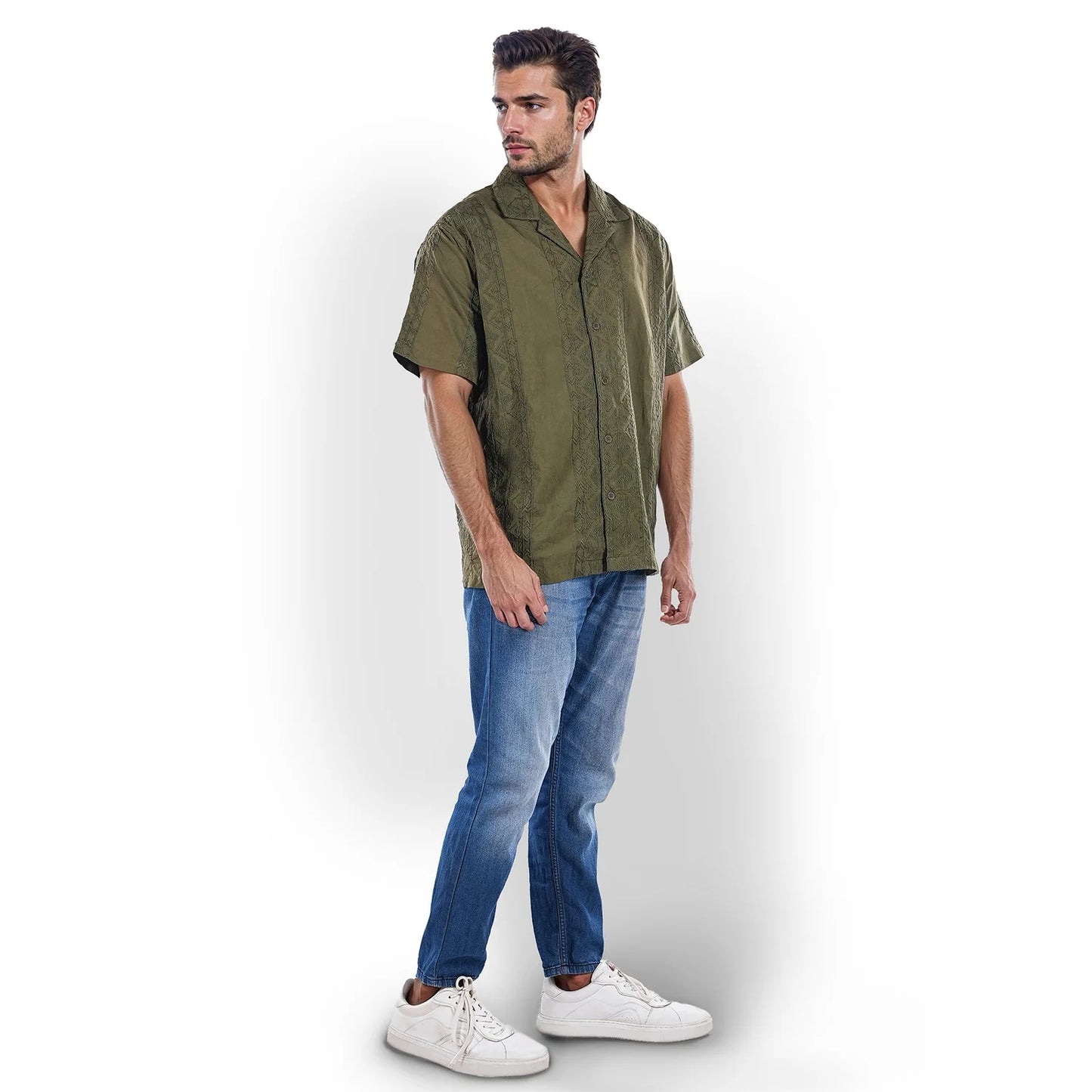 Celio* Embroidered Boxy Fit Cotton Olive Shirt
