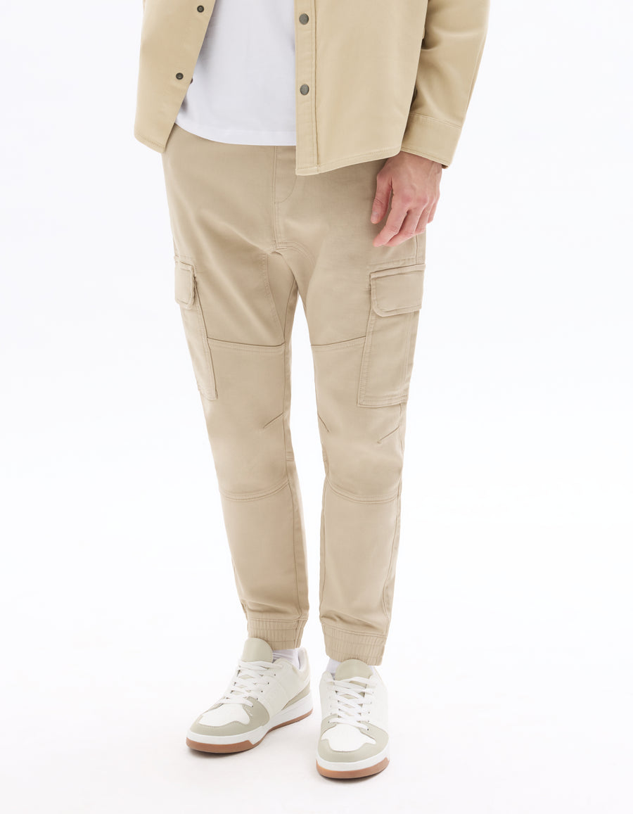 Slim Fit Stretch Cotton Trousers - Beige