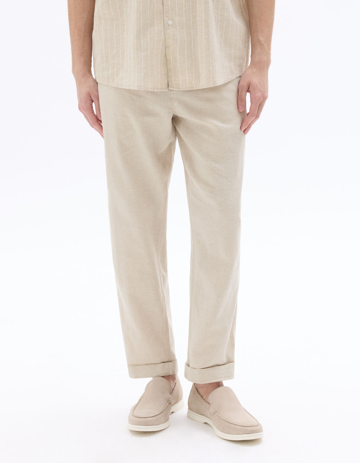 Straight Fit Cotton Linen Trousers - Natural