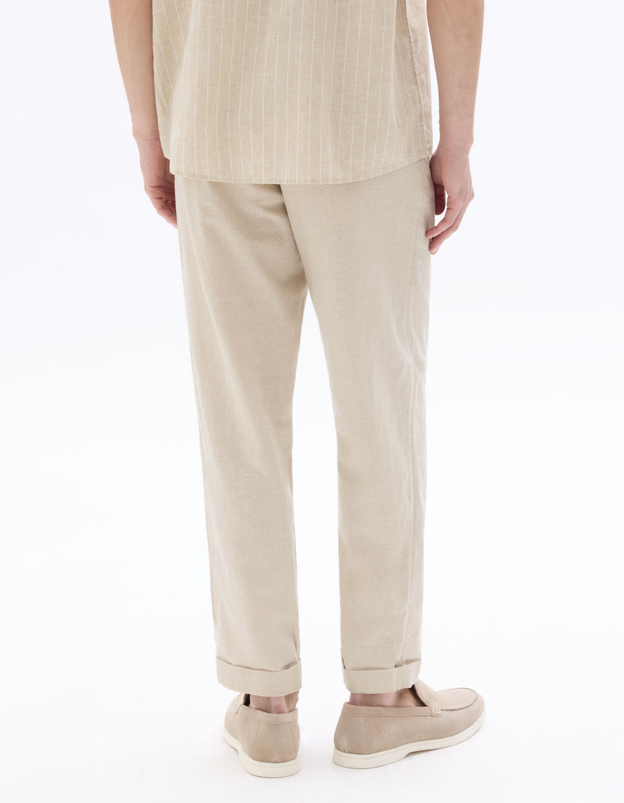 Straight Fit Cotton Linen Trousers - Natural