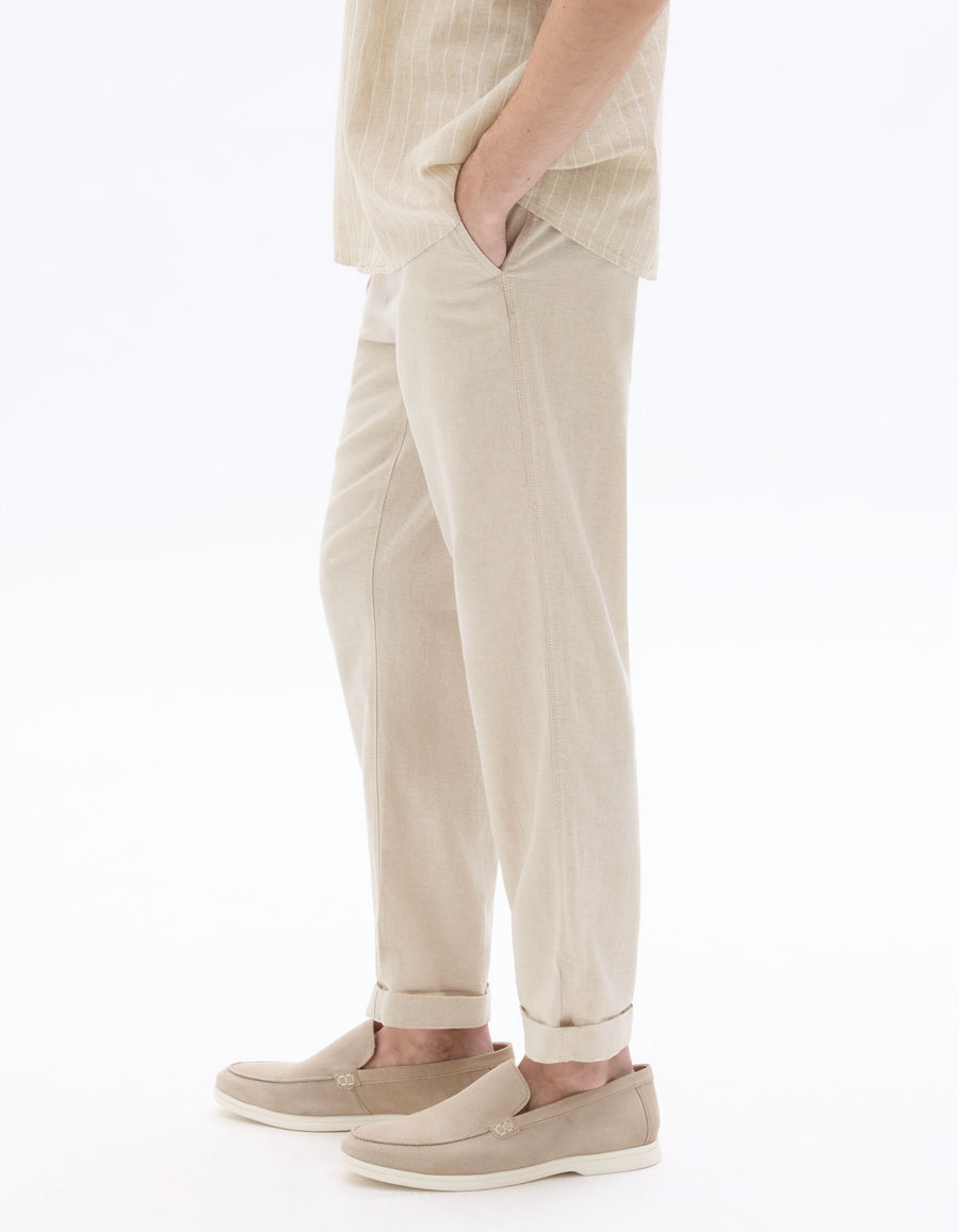 Straight Fit Cotton Linen Trousers - Natural