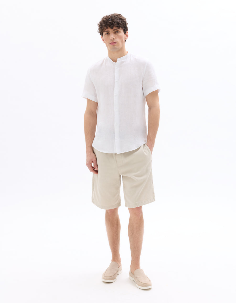 Regular Fit 100% Linen Mandarin Collar Shirt - White