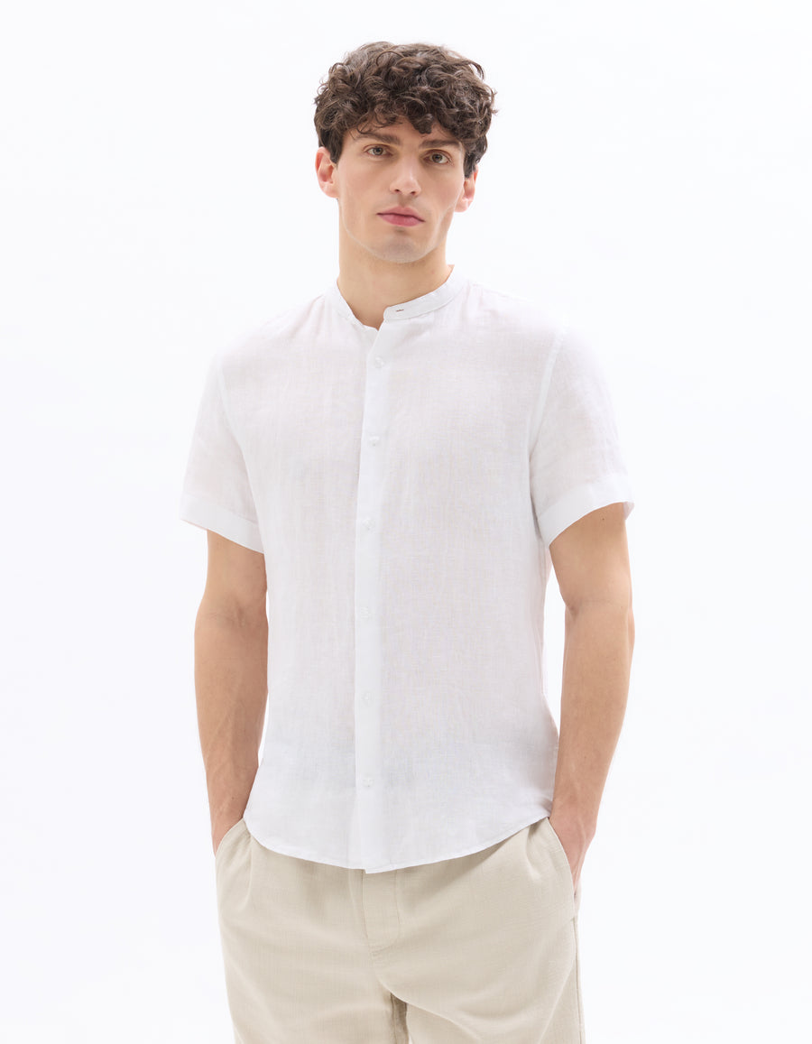 Regular Fit 100% Linen Mandarin Collar Shirt - White