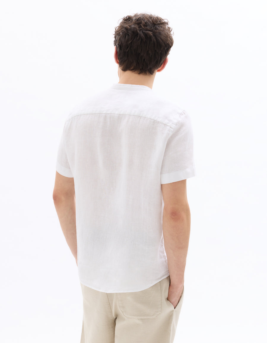 Regular Fit 100% Linen Mandarin Collar Shirt - White