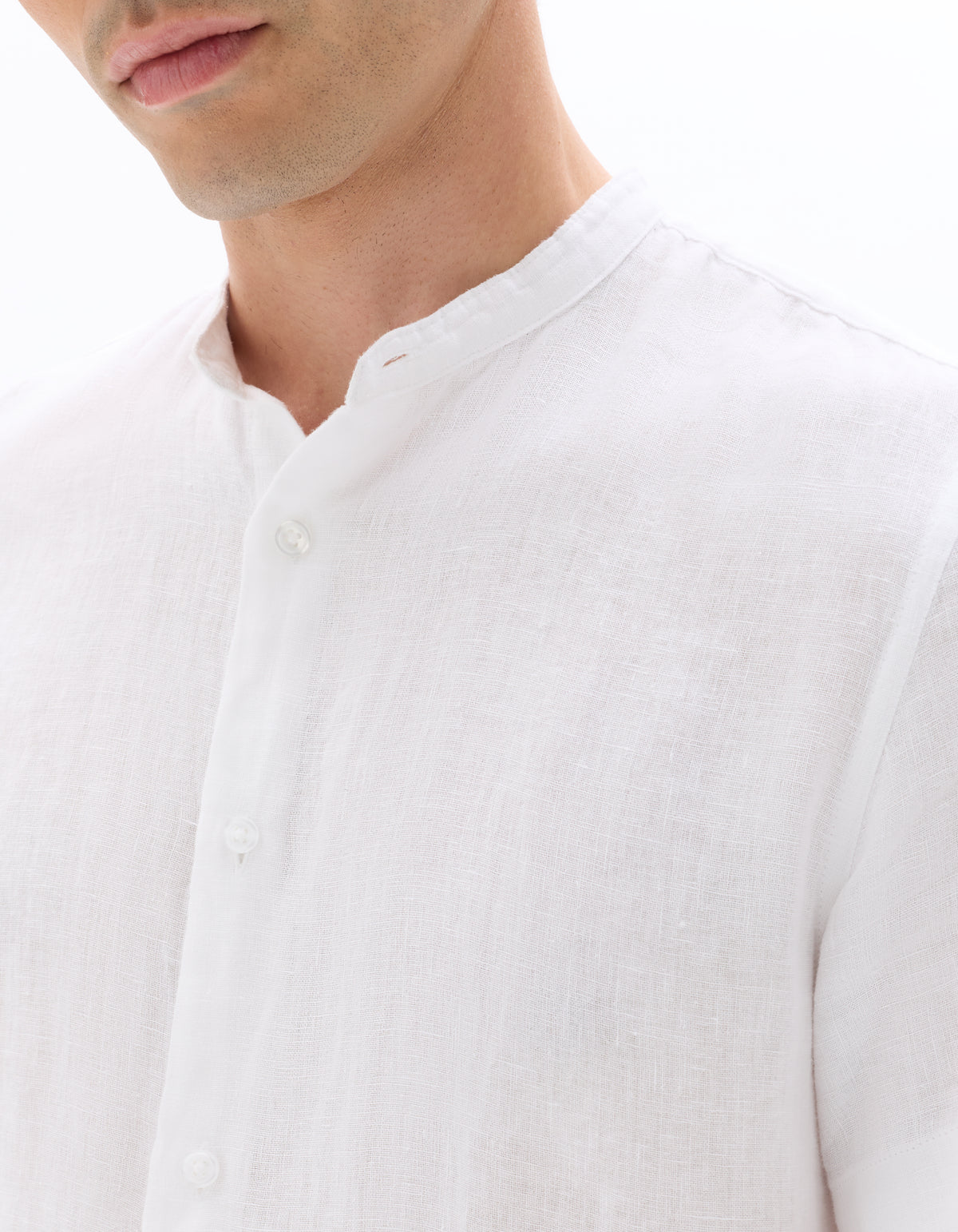 Regular Fit 100% Linen Mandarin Collar Shirt - White