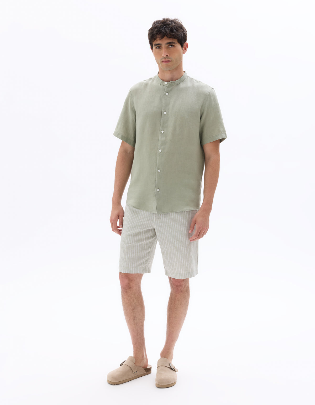 Regular Fit 100% Linen Mandarin Collar Shirt - Sage Green