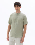 Regular Fit 100% Linen Mandarin Collar Shirt - Sage Green