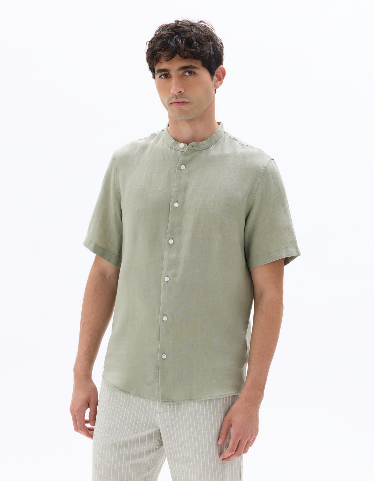Regular Fit 100% Linen Mandarin Collar Shirt - Sage Green