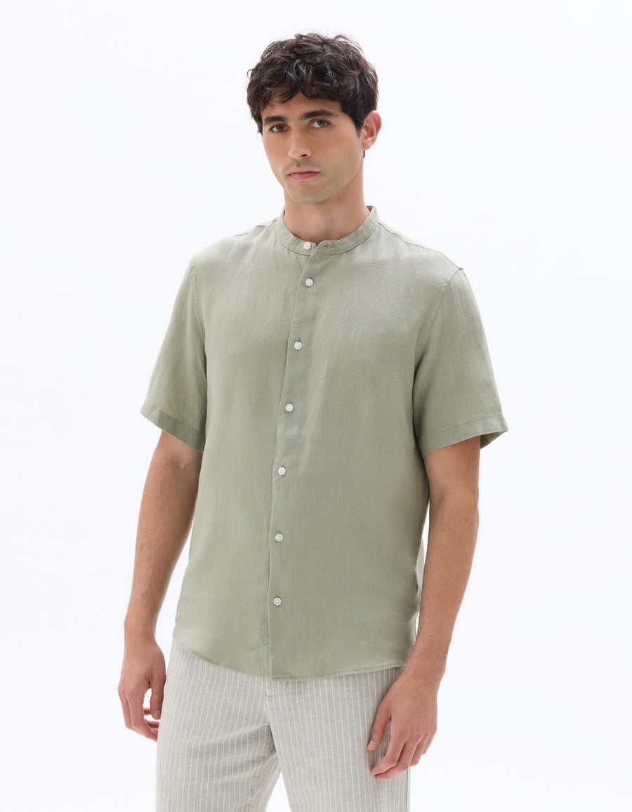 Regular Fit 100% Linen Mandarin Collar Shirt - Sage Green
