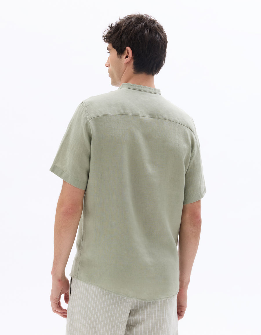 Regular Fit 100% Linen Mandarin Collar Shirt - Sage Green