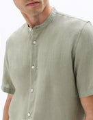 Regular Fit 100% Linen Mandarin Collar Shirt - Sage Green