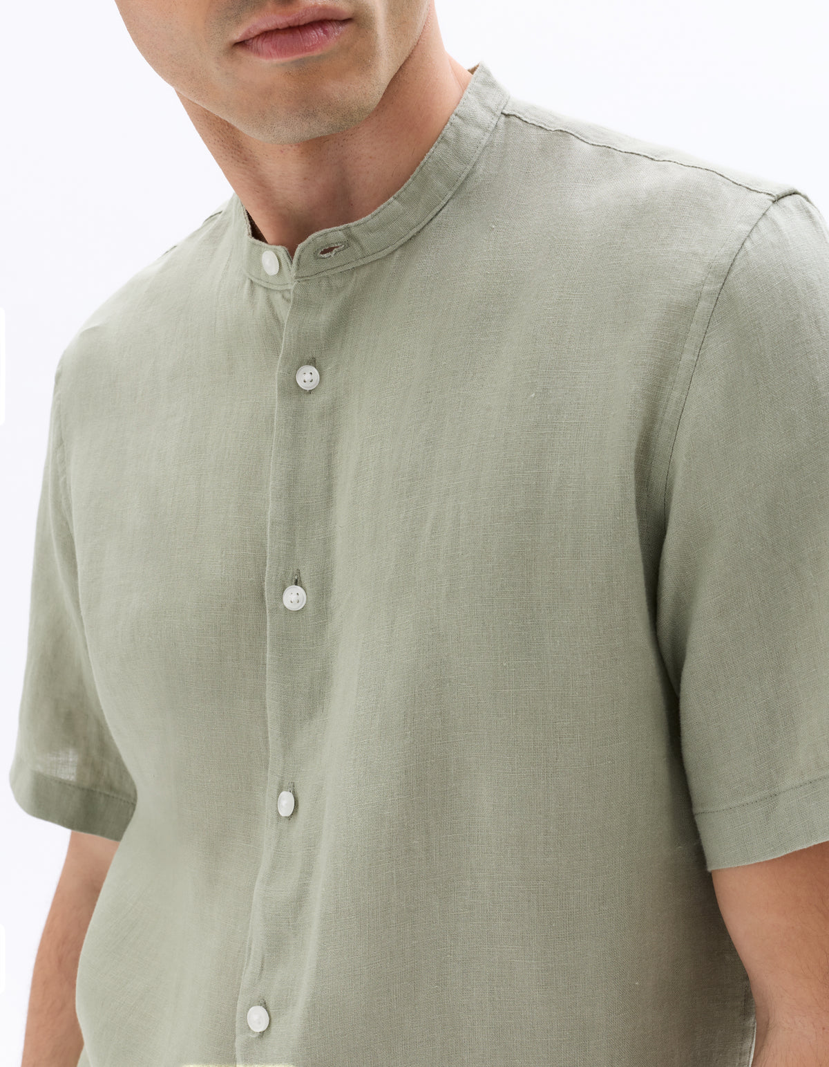 Regular Fit 100% Linen Mandarin Collar Shirt - Sage Green