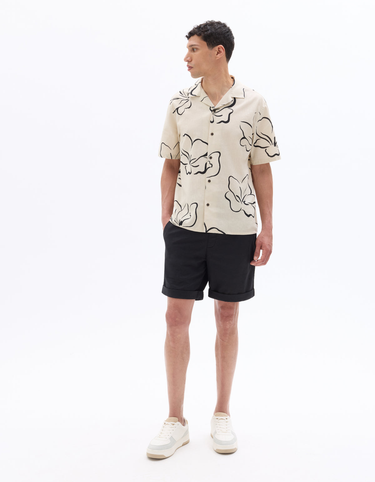 Straight Fit Cotton Linen Shorts - Black