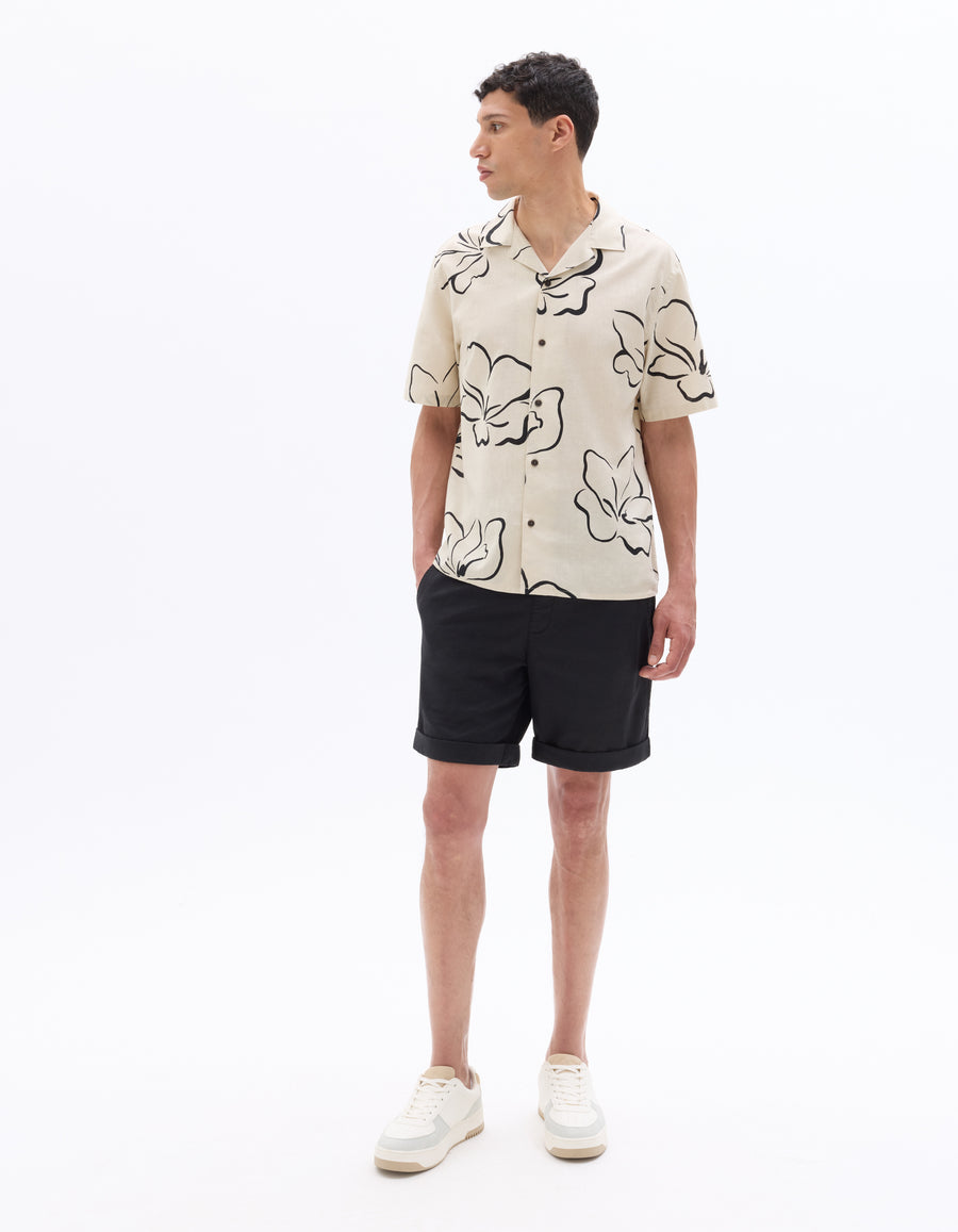 Straight Fit Cotton Linen Shorts - Black