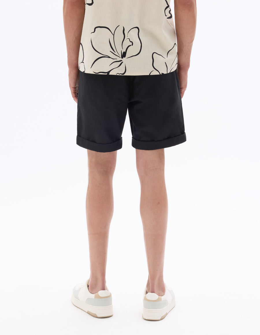 Straight Fit Cotton Linen Shorts - Black