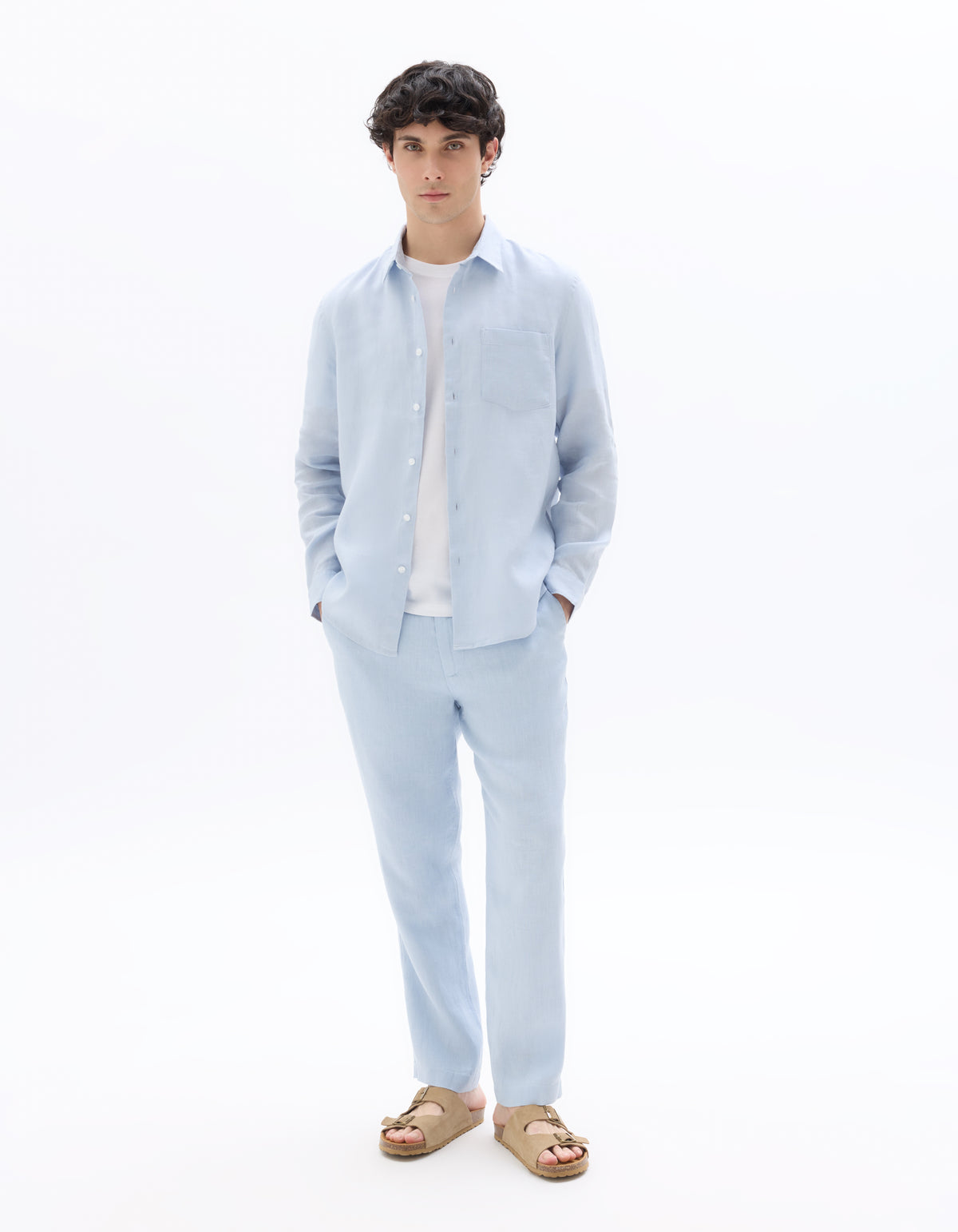 Straight Fit 100% Linen Trousers - Light Blue