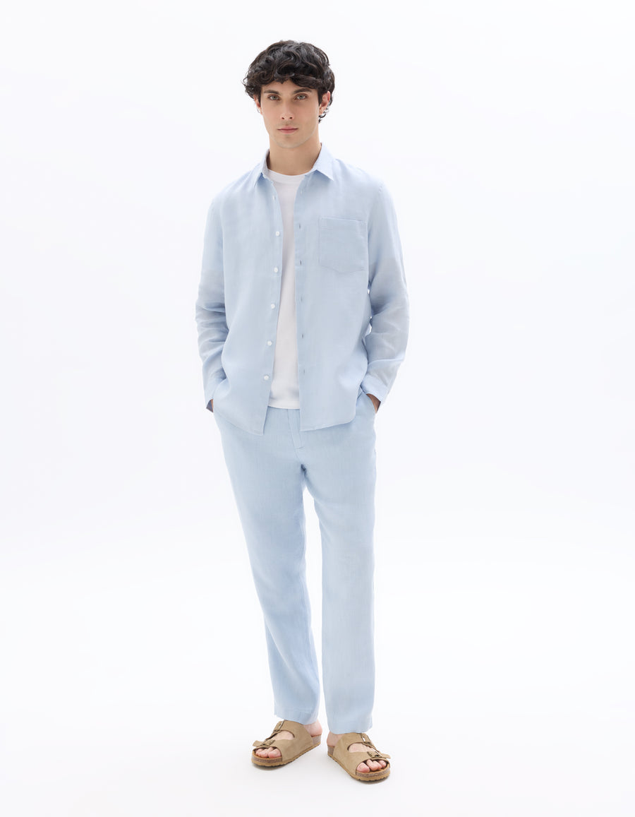 Straight Fit 100% Linen Trousers - Light Blue