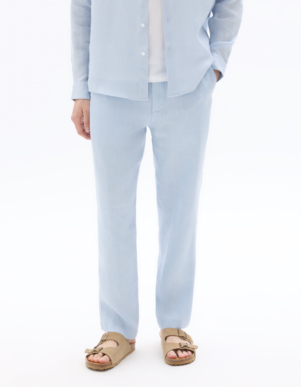 Straight Fit 100% Linen Trousers - Light Blue