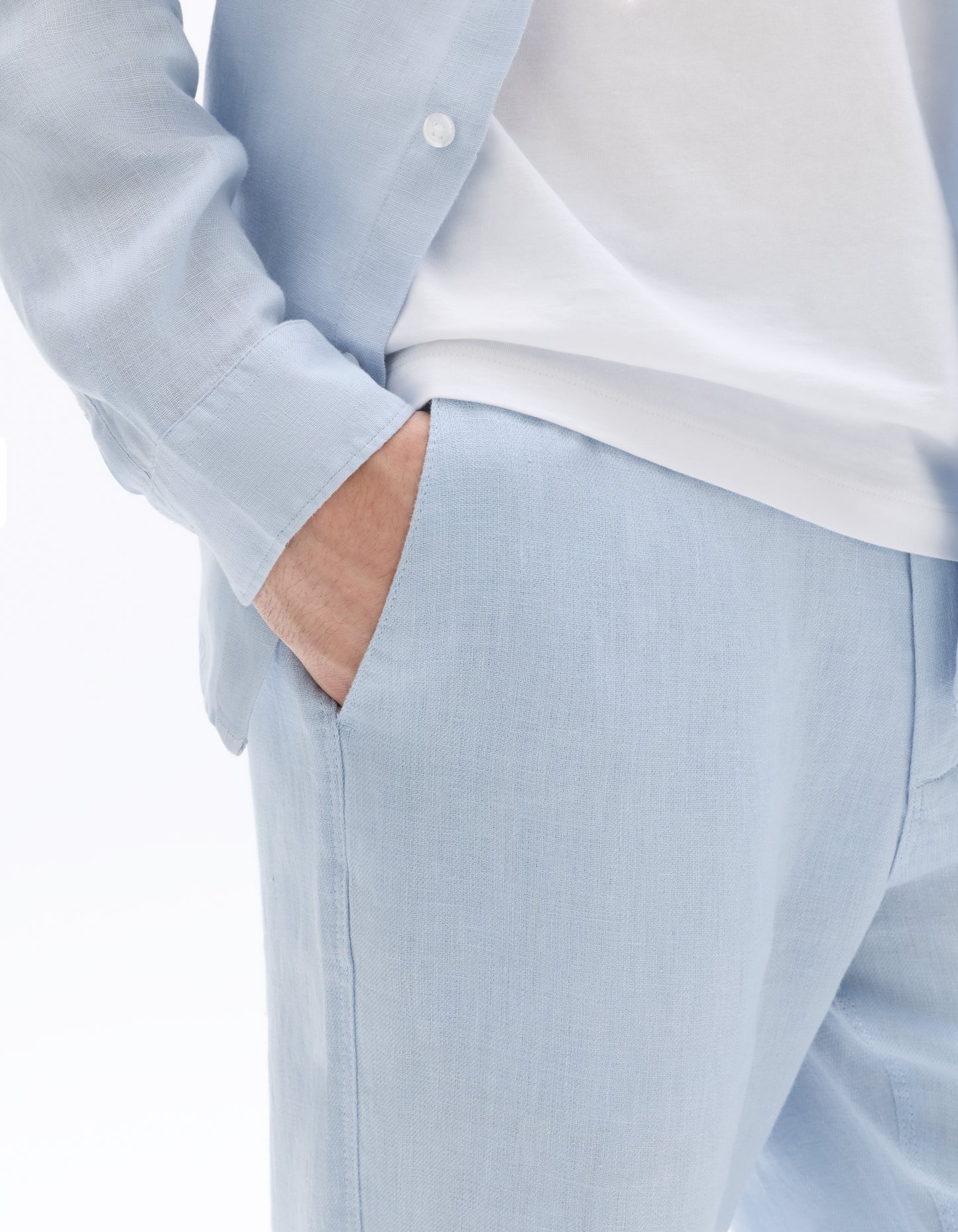 Straight Fit 100% Linen Trousers - Light Blue