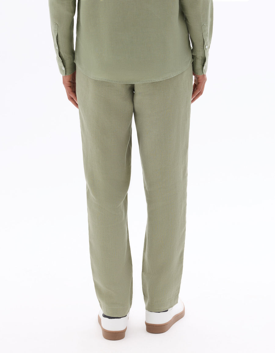 Relaxed Fit 100% Linen Solid Casual Trouser - Green