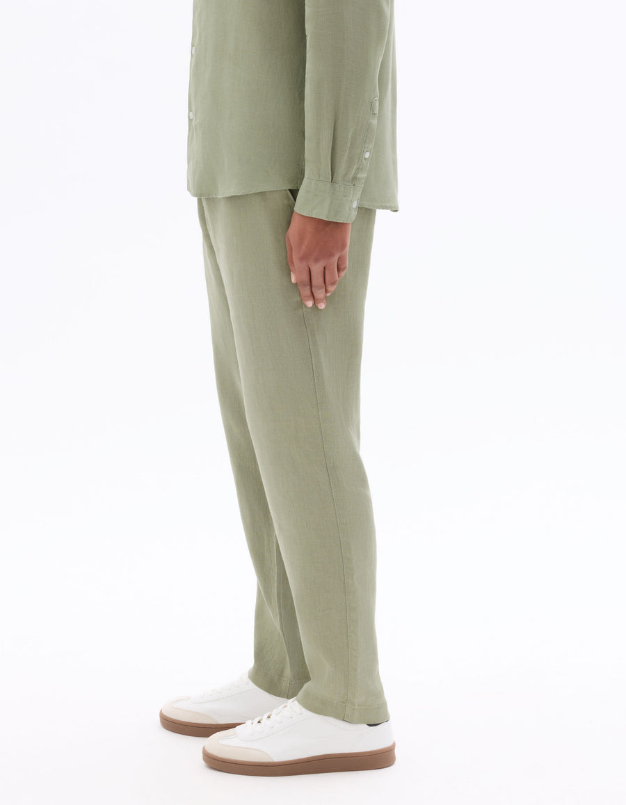 Relaxed Fit 100% Linen Solid Casual Trouser - Green