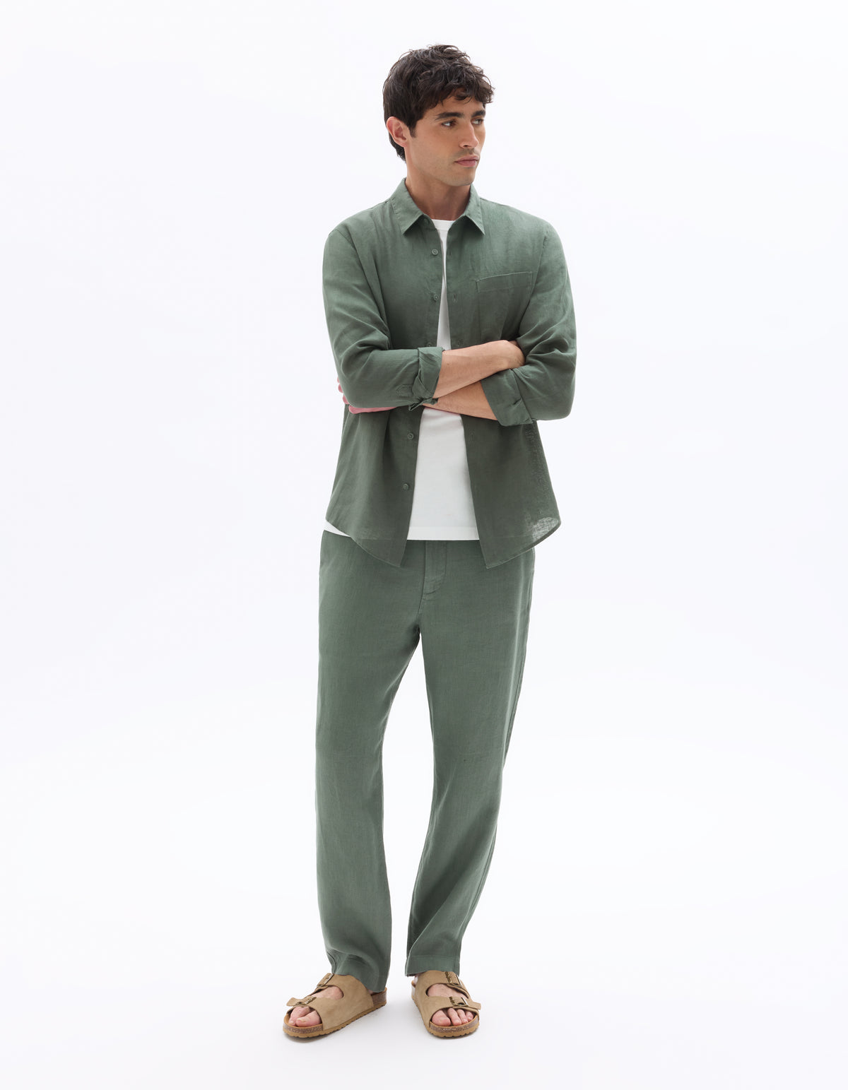 Straight Fit 100% Linen Trousers - Light Green