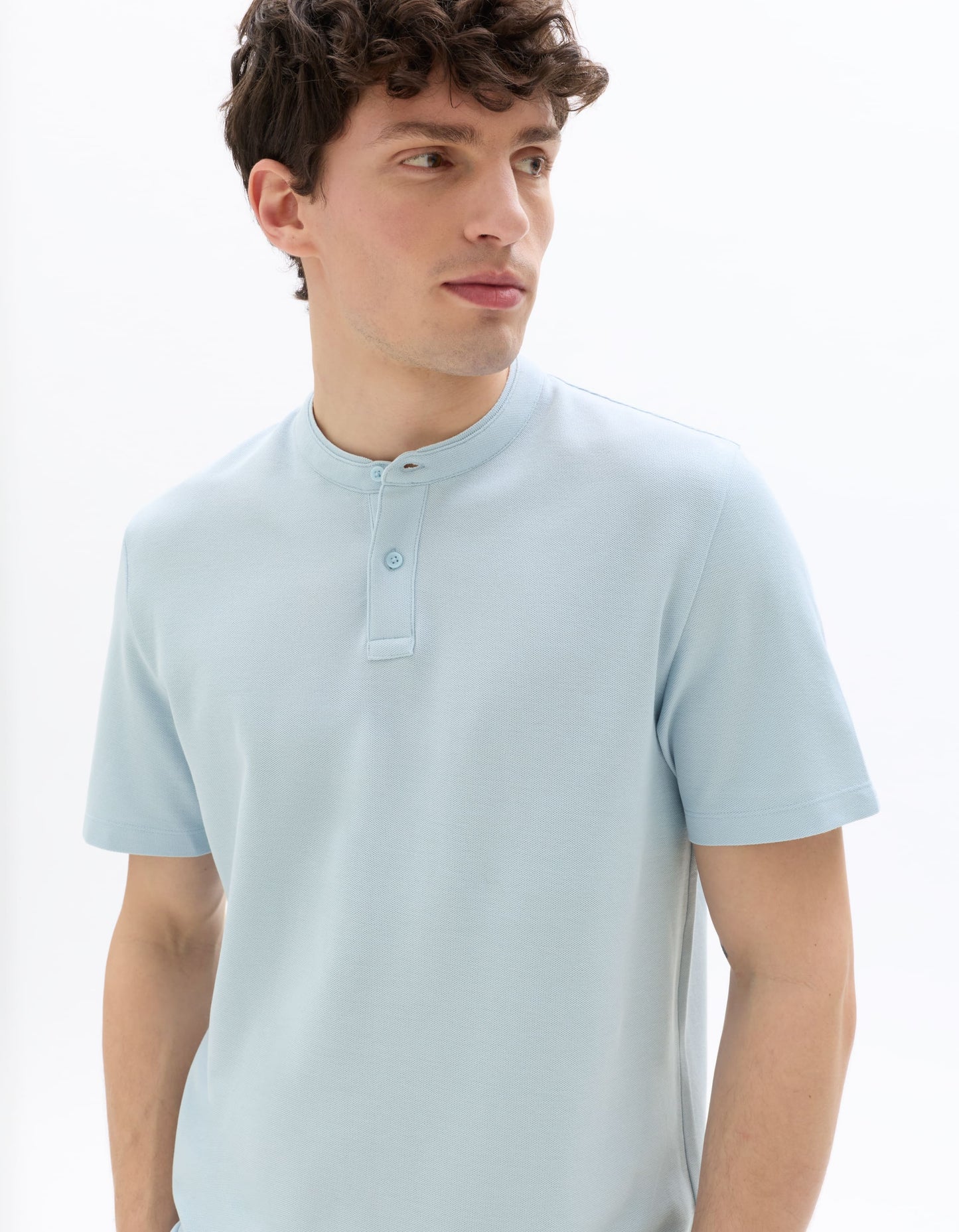 Slim Fit 100% Cotton Mandarin Collar T-Shirt - Light Blue