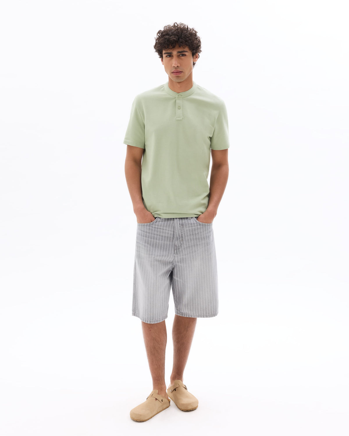 Regular Fit 100% Cotton Mandarin Collar T-Shirt - Light Green
