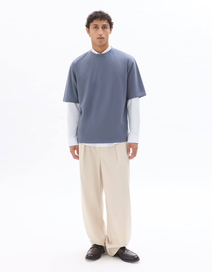 Oversized Fit Cotton Blend Crew Neck T-Shirt - Blue
