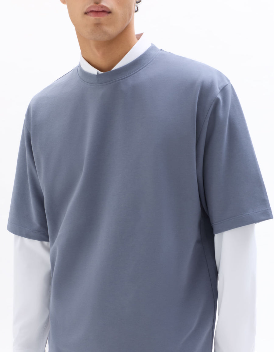 Oversized Fit Cotton Blend Crew Neck T-Shirt - Blue