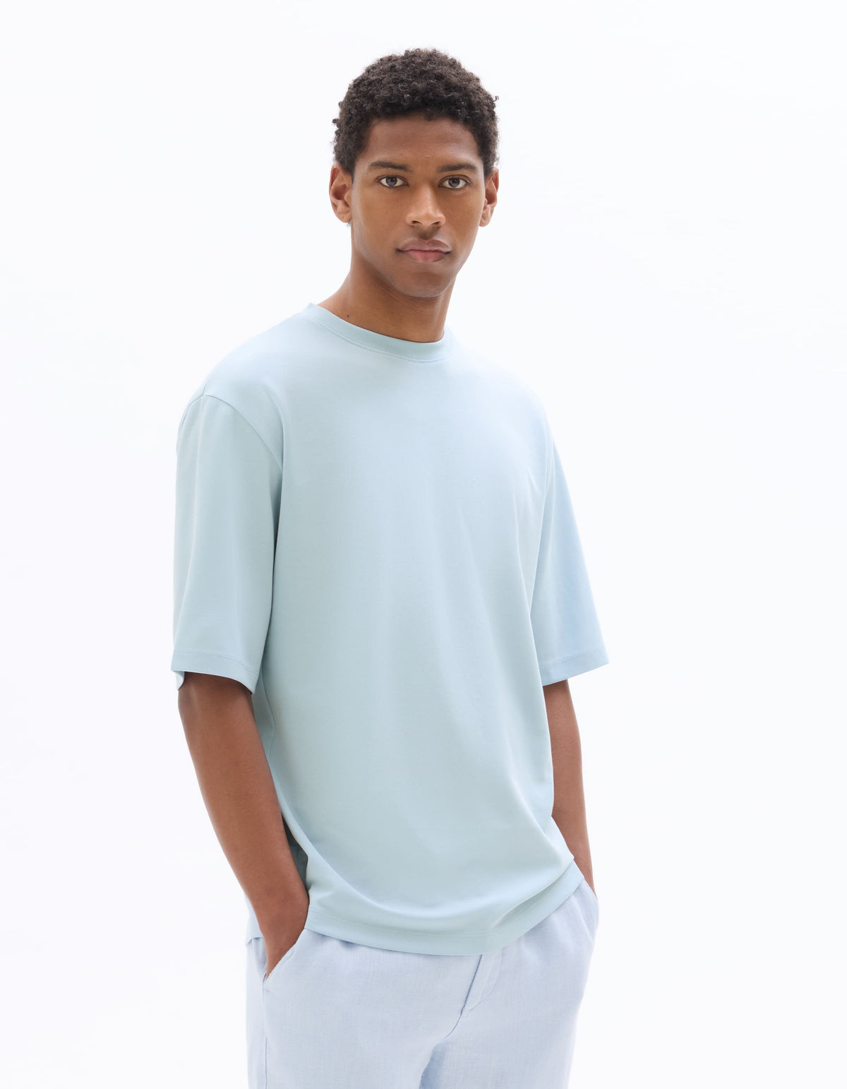 Oversized Fit Cotton Blend Crew Neck T-Shirt - Sky Blue