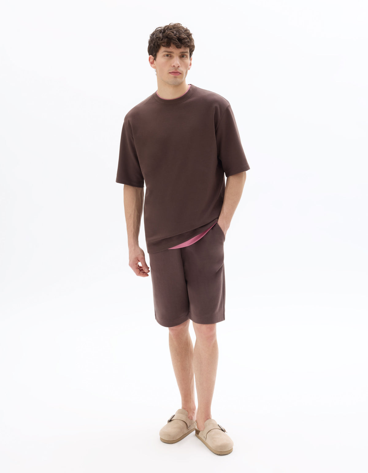 Oversized Fit Cotton Blend Crew Neck T-Shirt - Brown