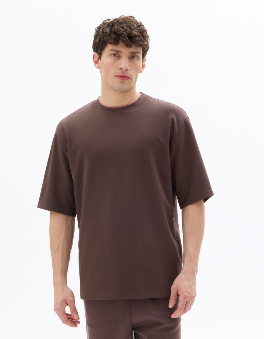 Oversized Fit Cotton Blend Crew Neck T-Shirt - Brown
