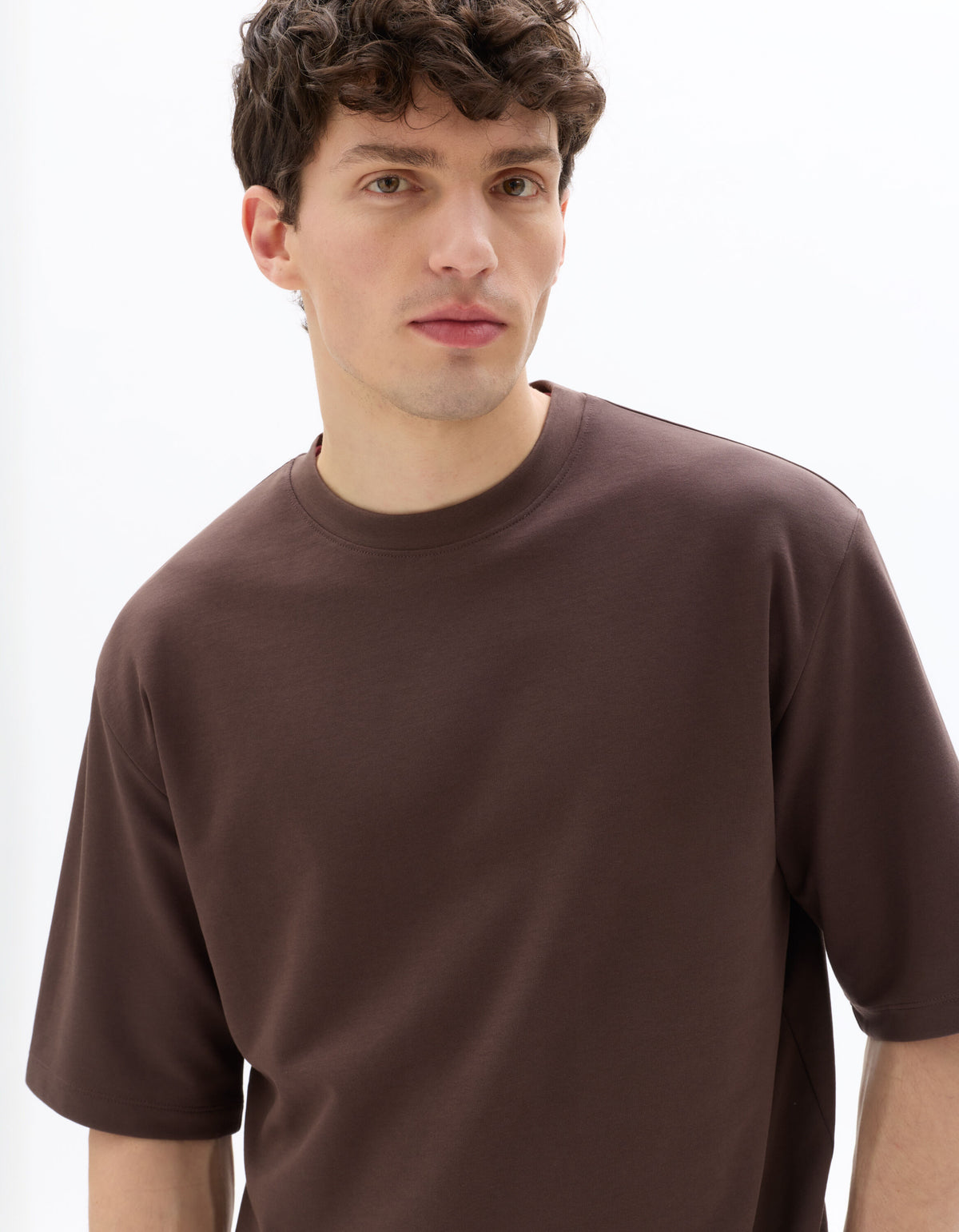 Oversized Fit Cotton Blend Crew Neck T-Shirt - Brown