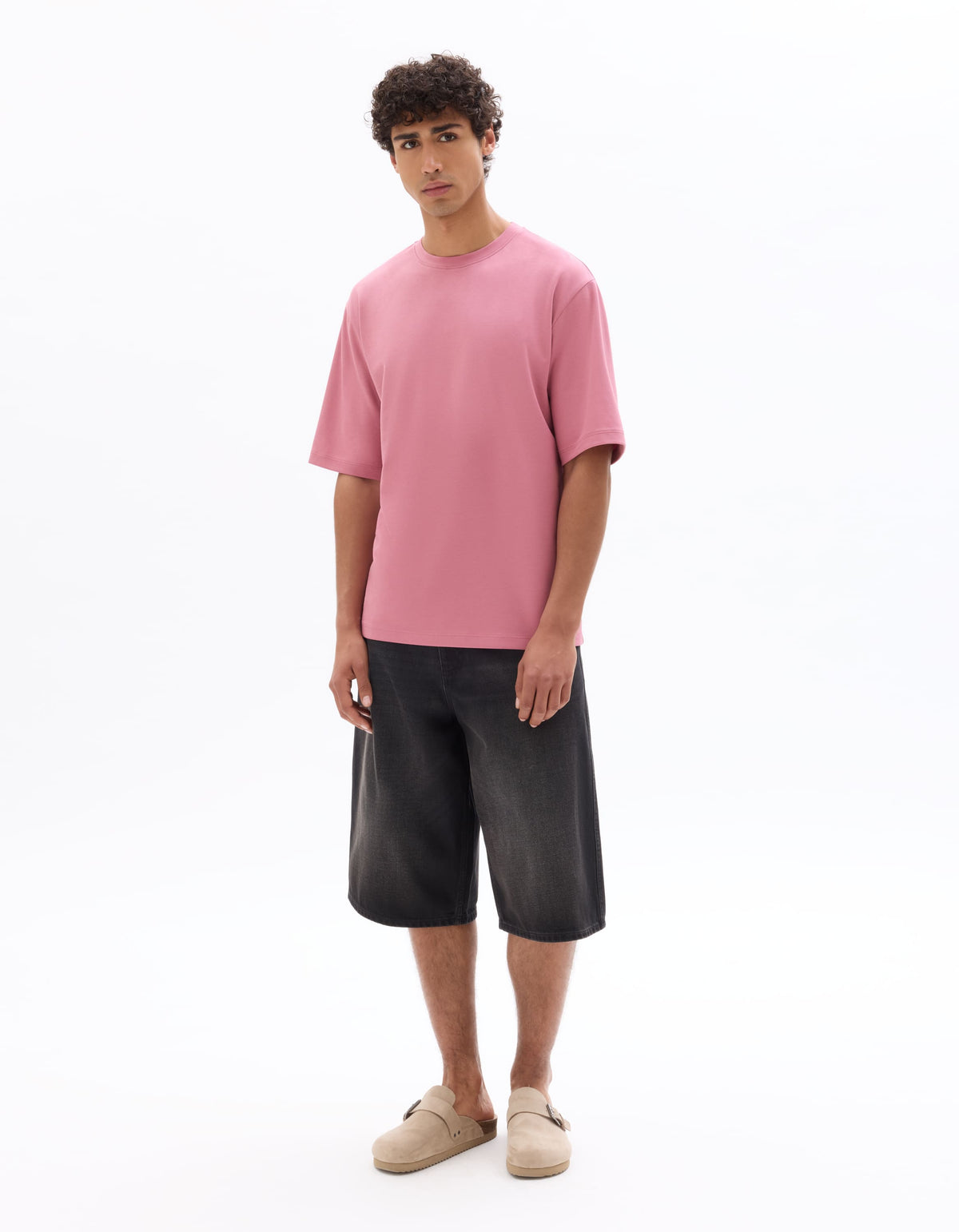 Oversized Fit Cotton Blend Crew Neck T-Shirt - Pink
