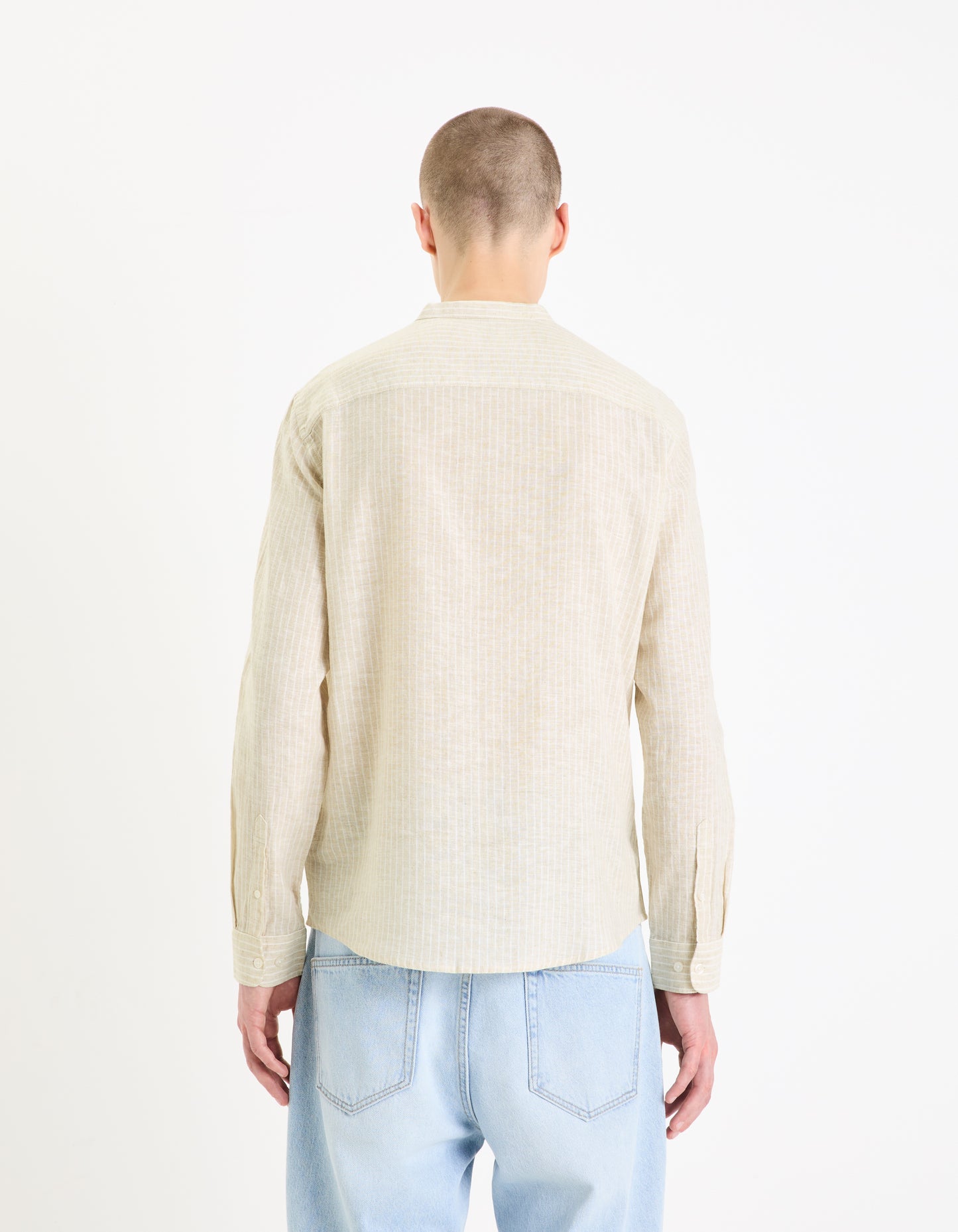 Celio* Striped Regular Fit Linen Beige Shirt