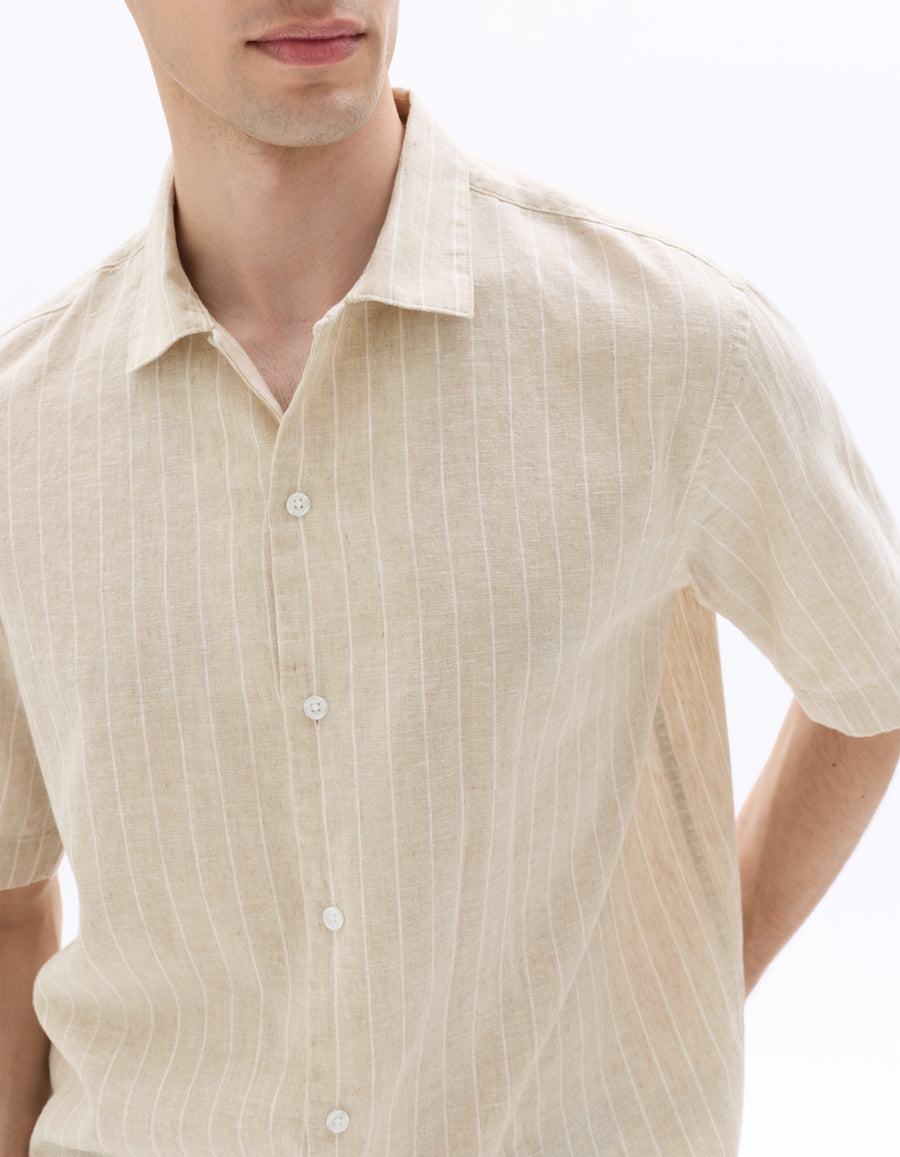 Regular Fit Cotton Linen Cuban Collar Shirt - Natural