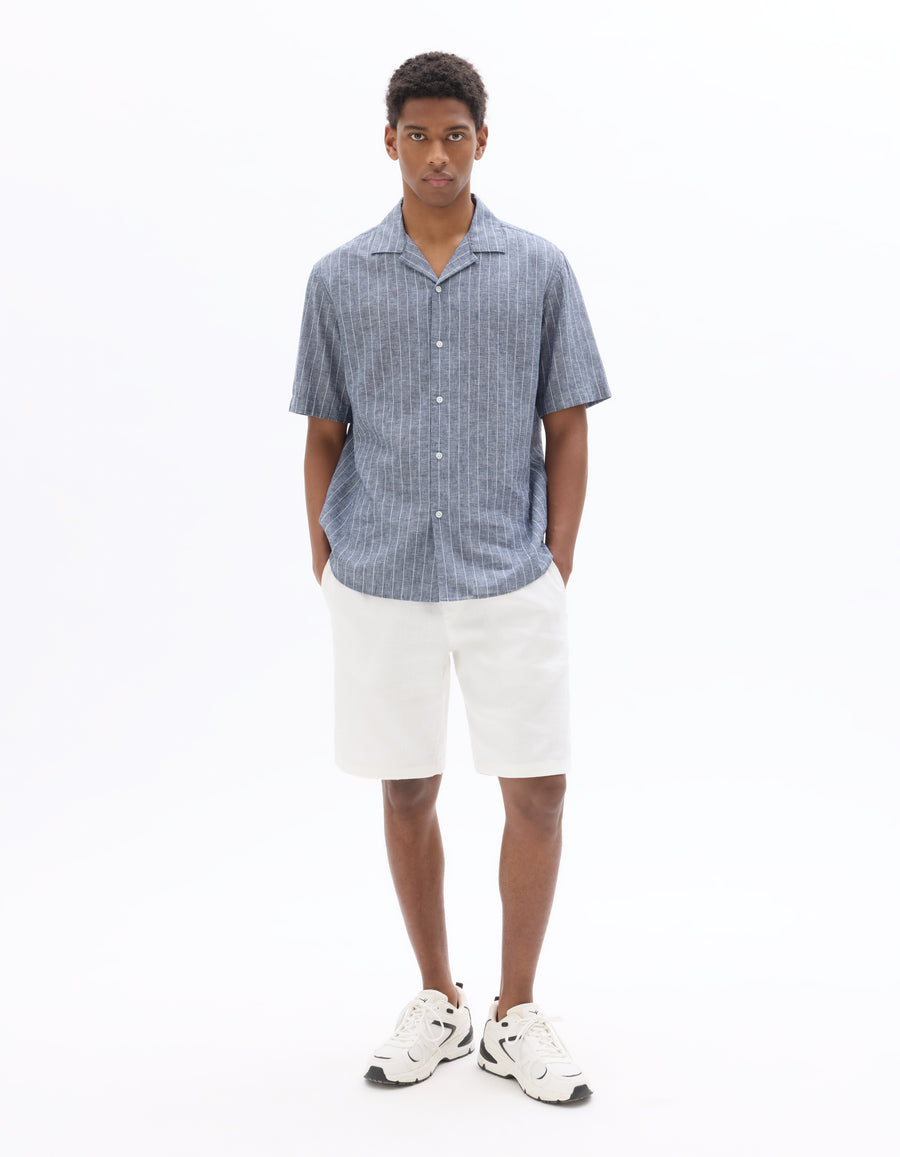 Regular Fit Cotton Linen Cuban Collar Shirt - Navy Blue