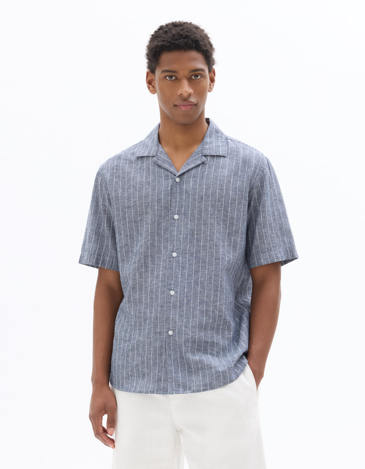 Regular Fit Cotton Linen Cuban Collar Shirt - Navy Blue