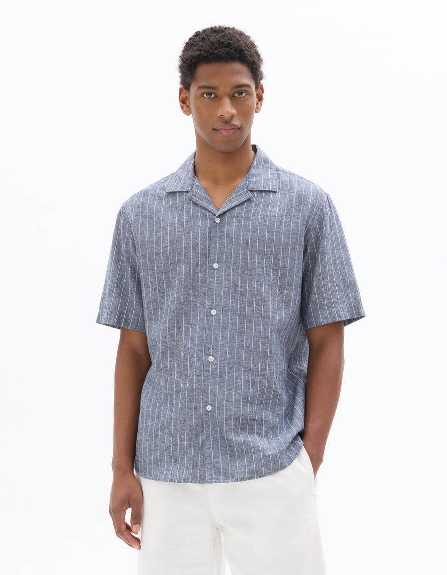 Regular Fit Cotton Linen Cuban Collar Shirt - Navy Blue