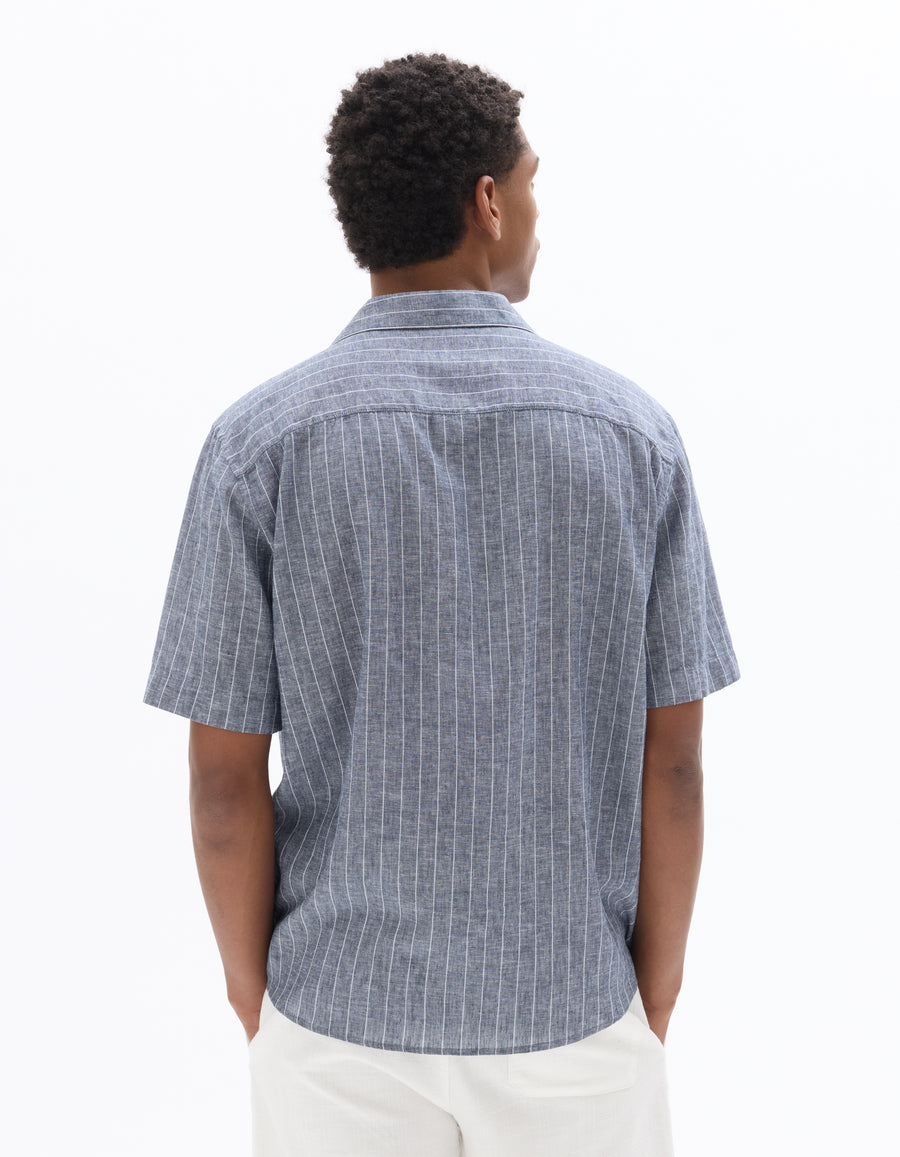 Regular Fit Cotton Linen Cuban Collar Shirt - Navy Blue
