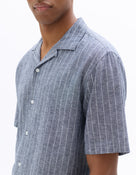 Regular Fit Cotton Linen Cuban Collar Shirt - Navy Blue