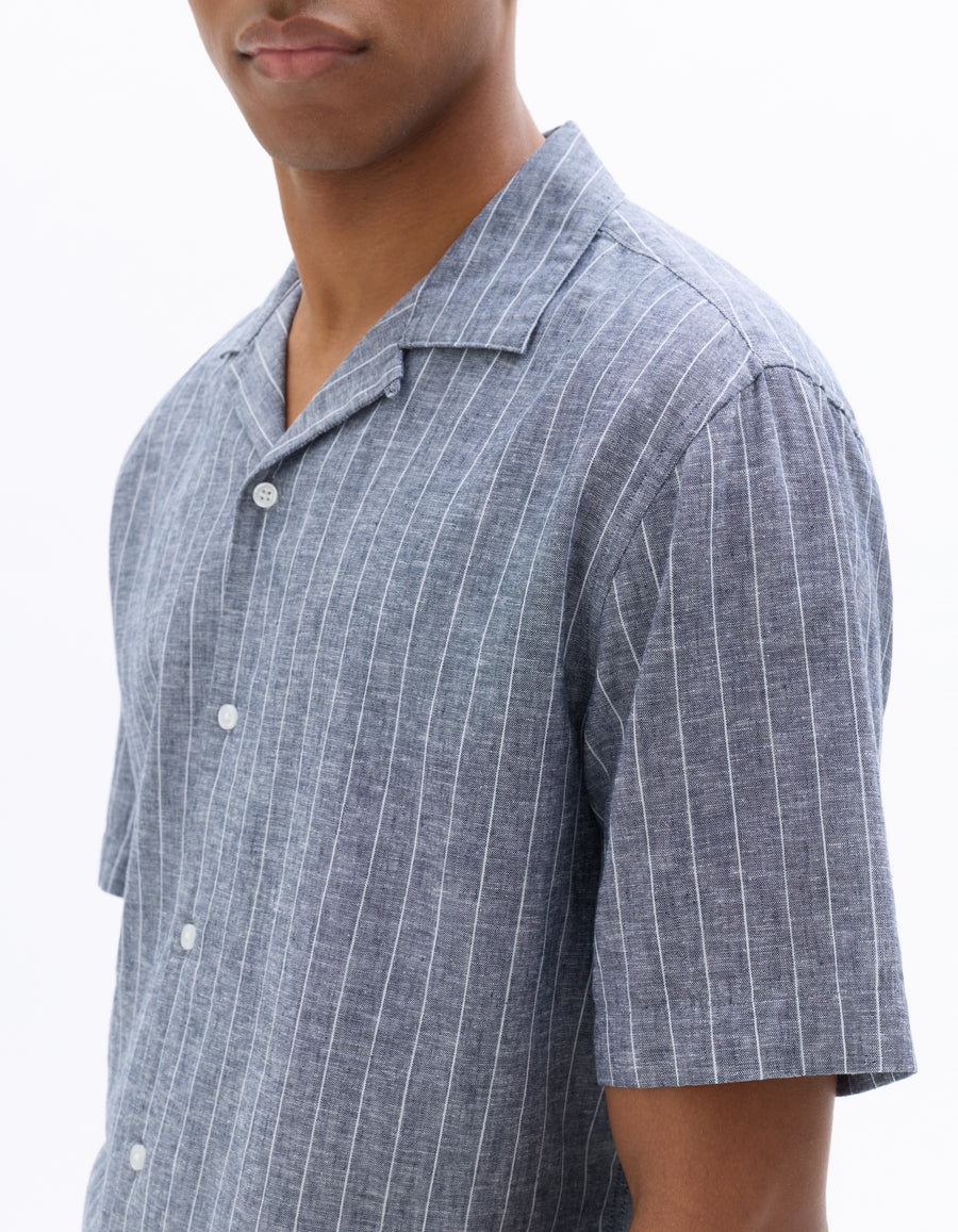 Regular Fit Cotton Linen Cuban Collar Shirt - Navy Blue