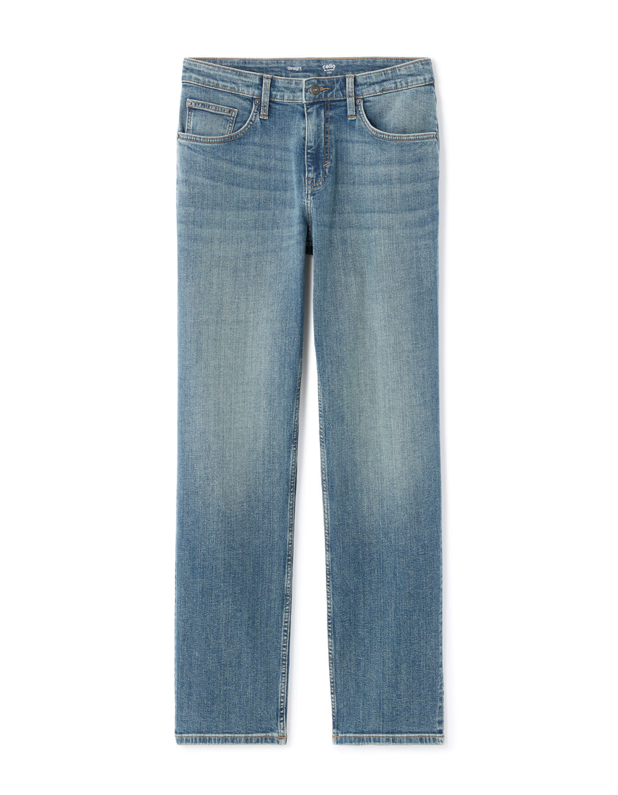 Straight Fit Stretch Cotton Jeans - Washed Blue